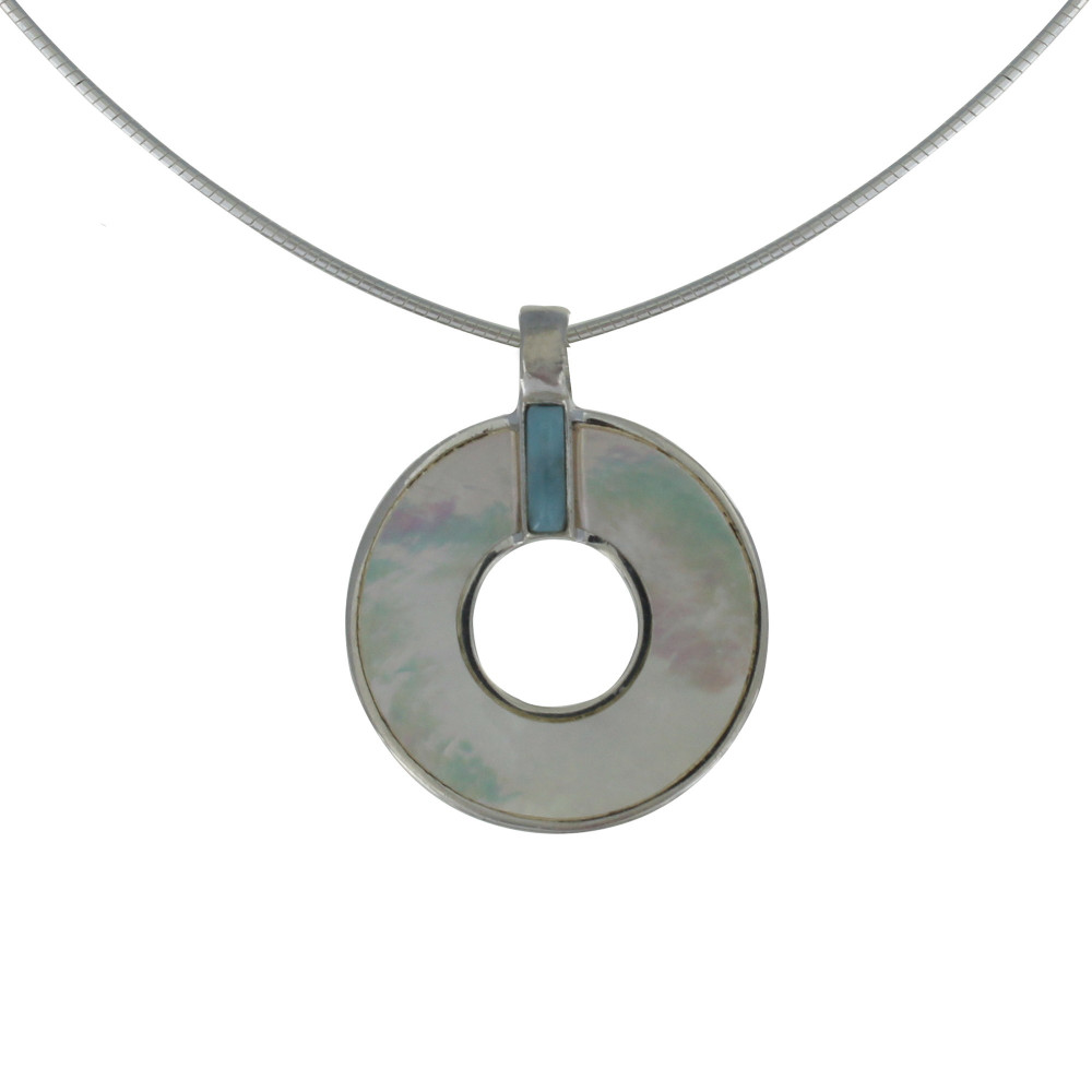 LES POULETTES BIJOUX Collier Argent Pendentif Cercle de Nacre Ivoire et Larimar