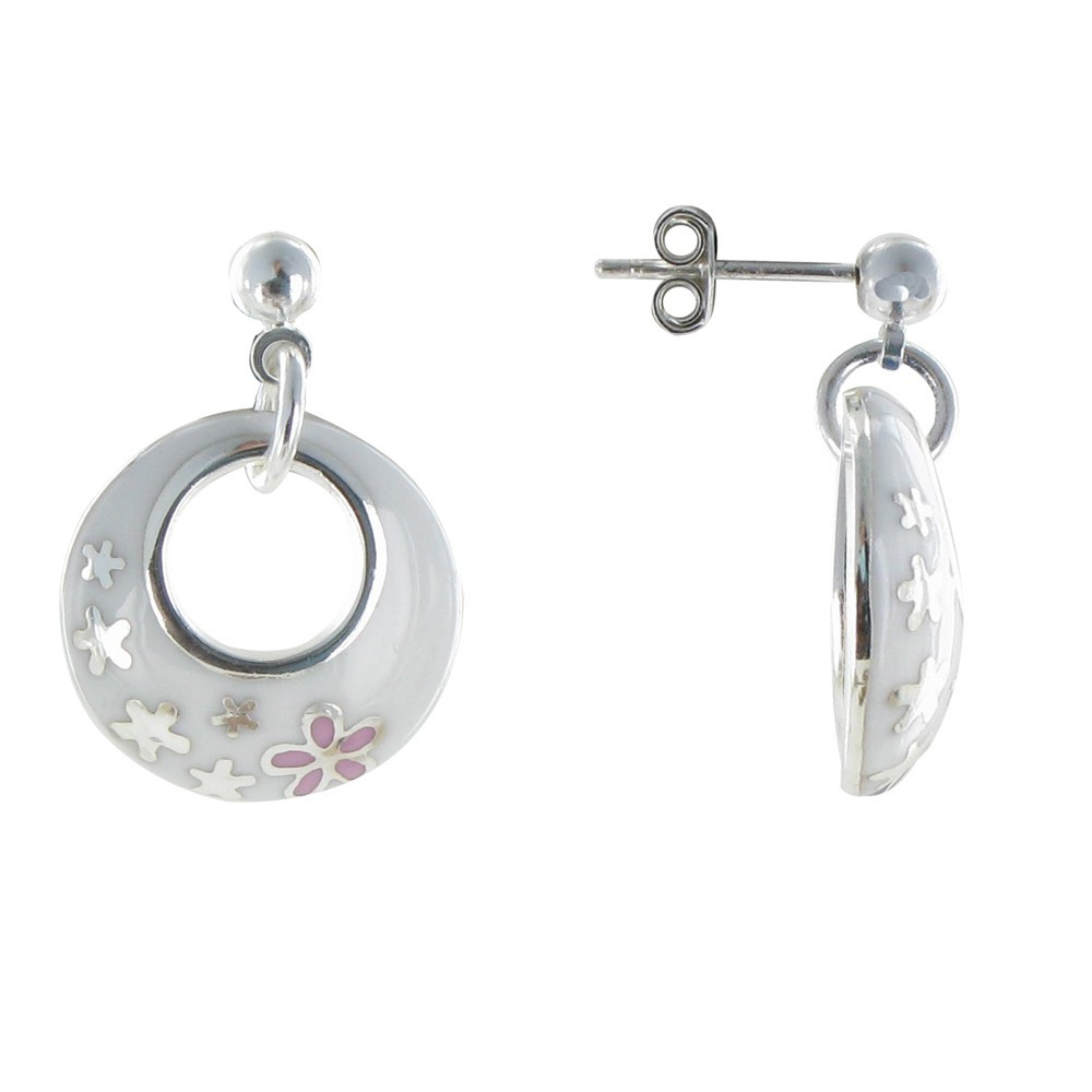 LES POULETTES BIJOUX V Boucles d'Oreilles Plaqué Argent Cercle Résine Blanche et Fle