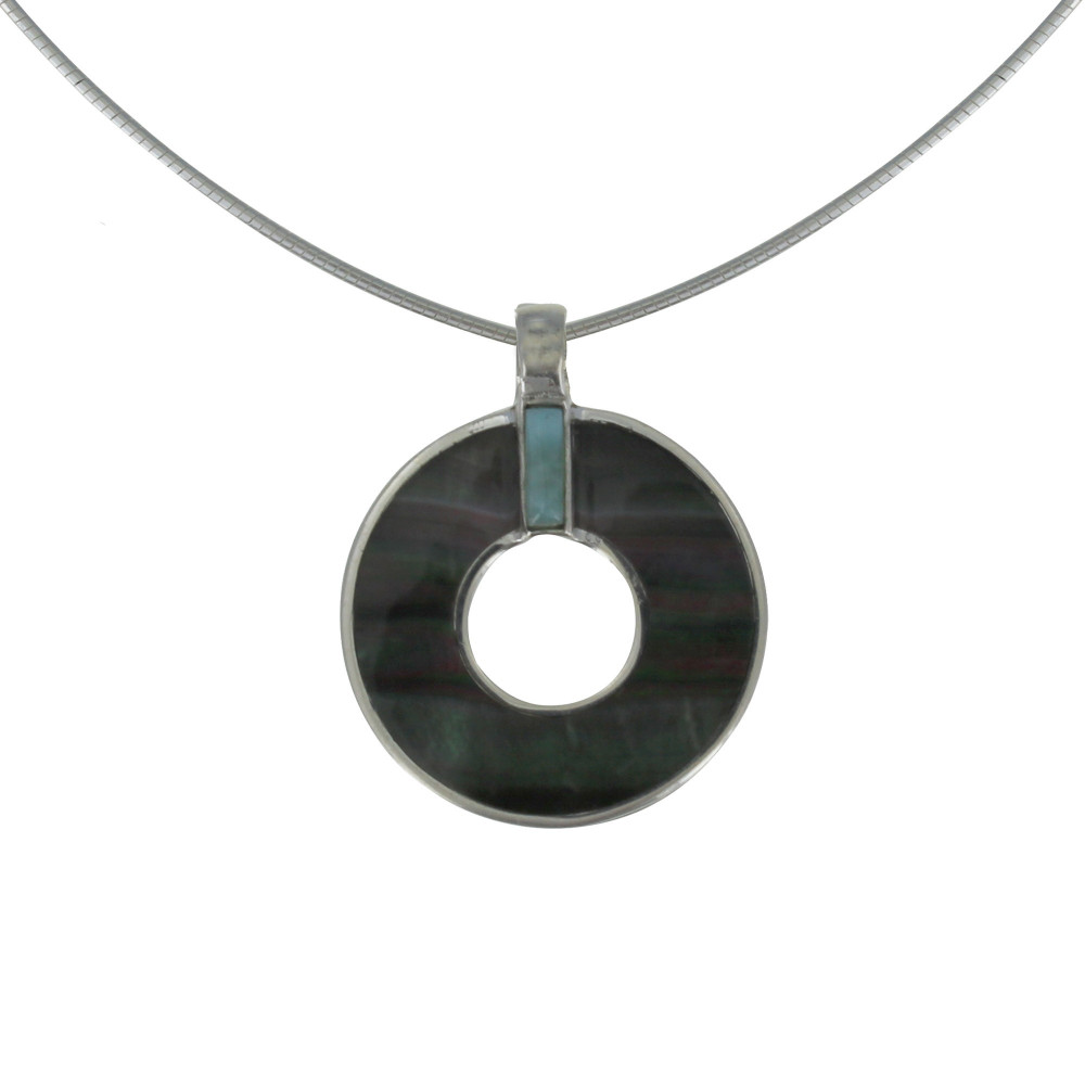 LES POULETTES BIJOUX Collier Argent Pendentif Cercle de Nacre Grise et Larimar
