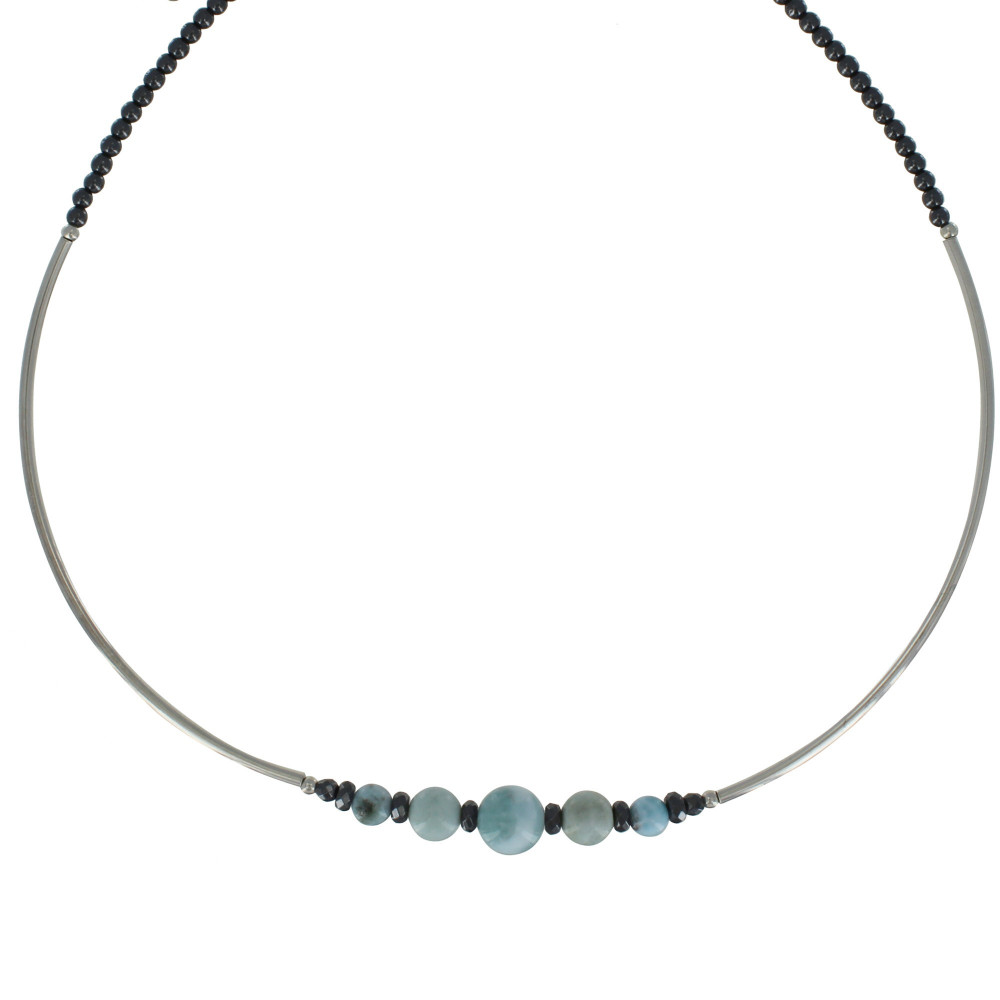 LES POULETTES BIJOUX - V Collier Tubes Argent Perles d'Hématites et de Larimar