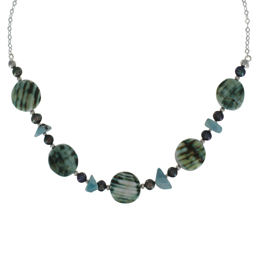 LES POULETTES BIJOUX Collier Chaine Argent Disque Nacre Verte et Pépites de Larimar