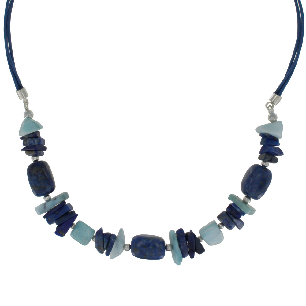 LES POULETTES BIJOUX Collier Cordon en Cuir Bleu Galets de Lapis Lazuli et Pépites d