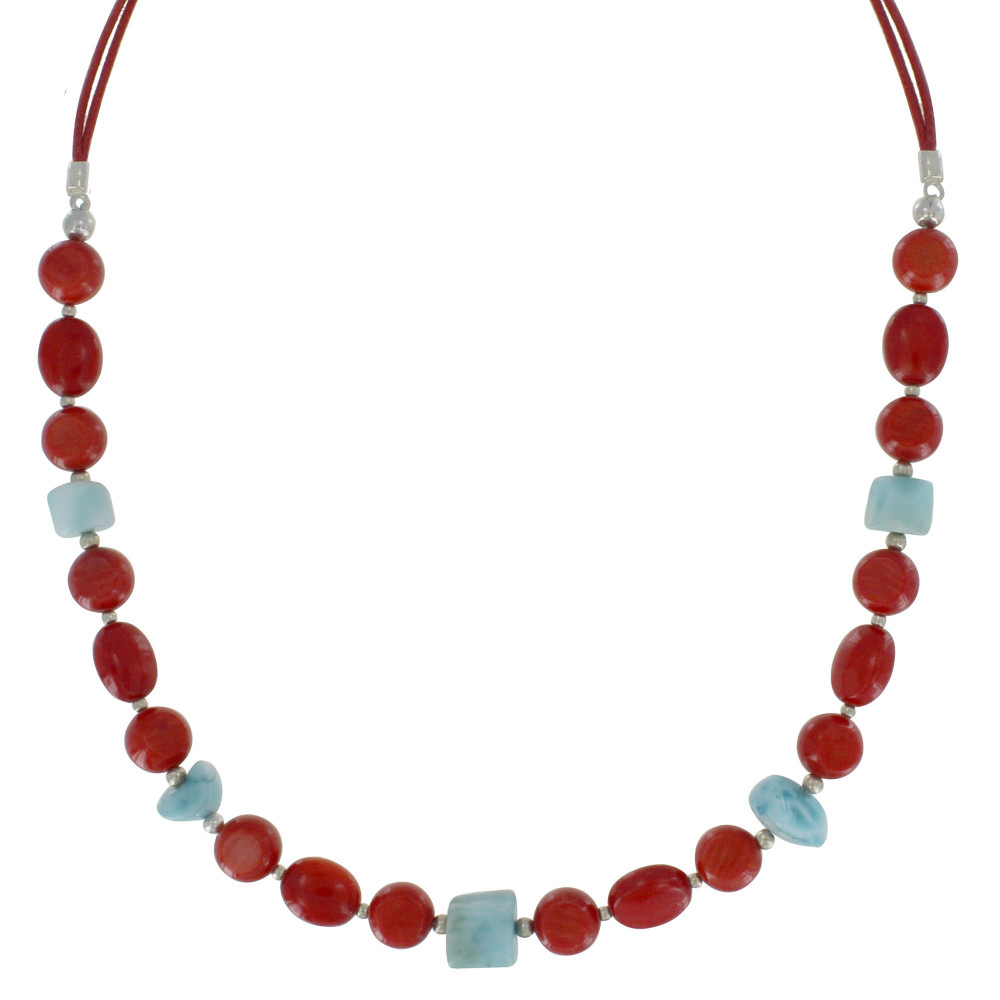 LES POULETTES BIJOUX Collier Cordon en Cuir Rouge Boutons en Bambou Corail et Pépite
