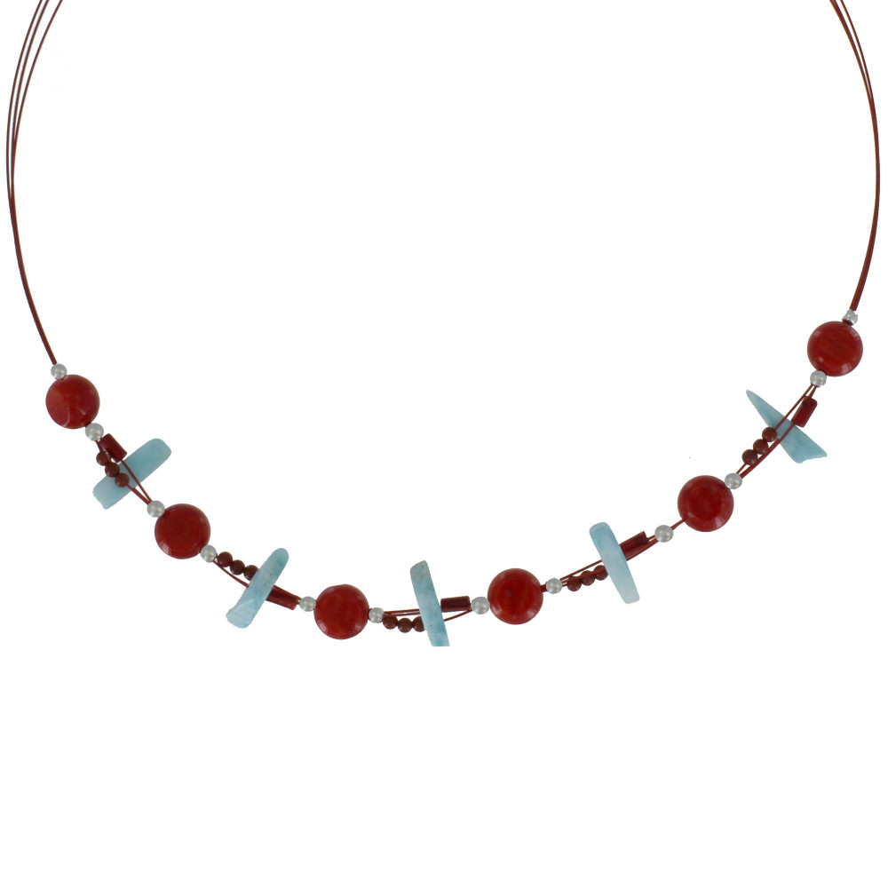 LES POULETTES BIJOUX Collier Câble Rouges Boutons Jaspe Rouge et Pépites de Larimar
