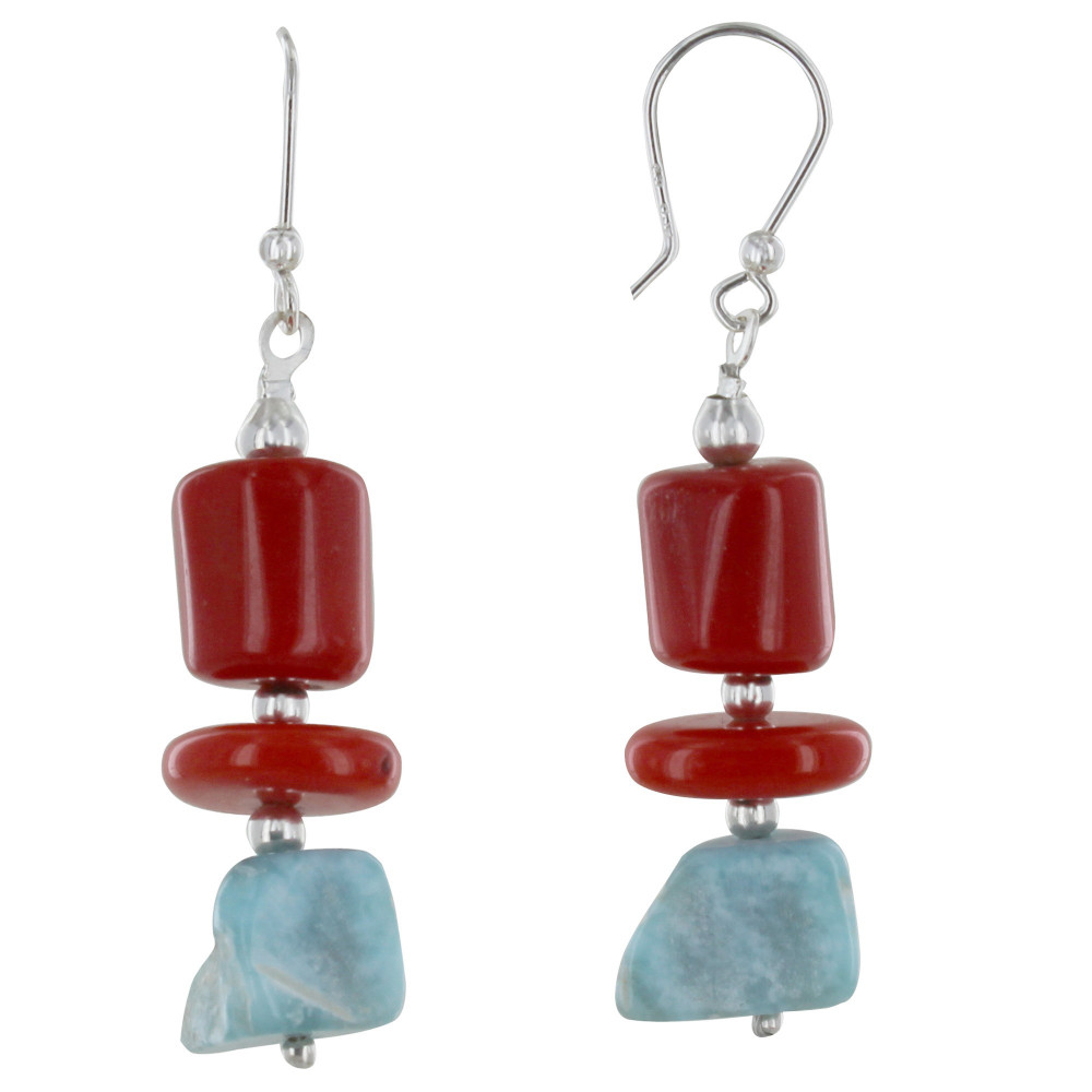 LES POULETTES BIJOUX Boucles d'Oreilles Argent Bambou Rouge et Pépites de Larimar