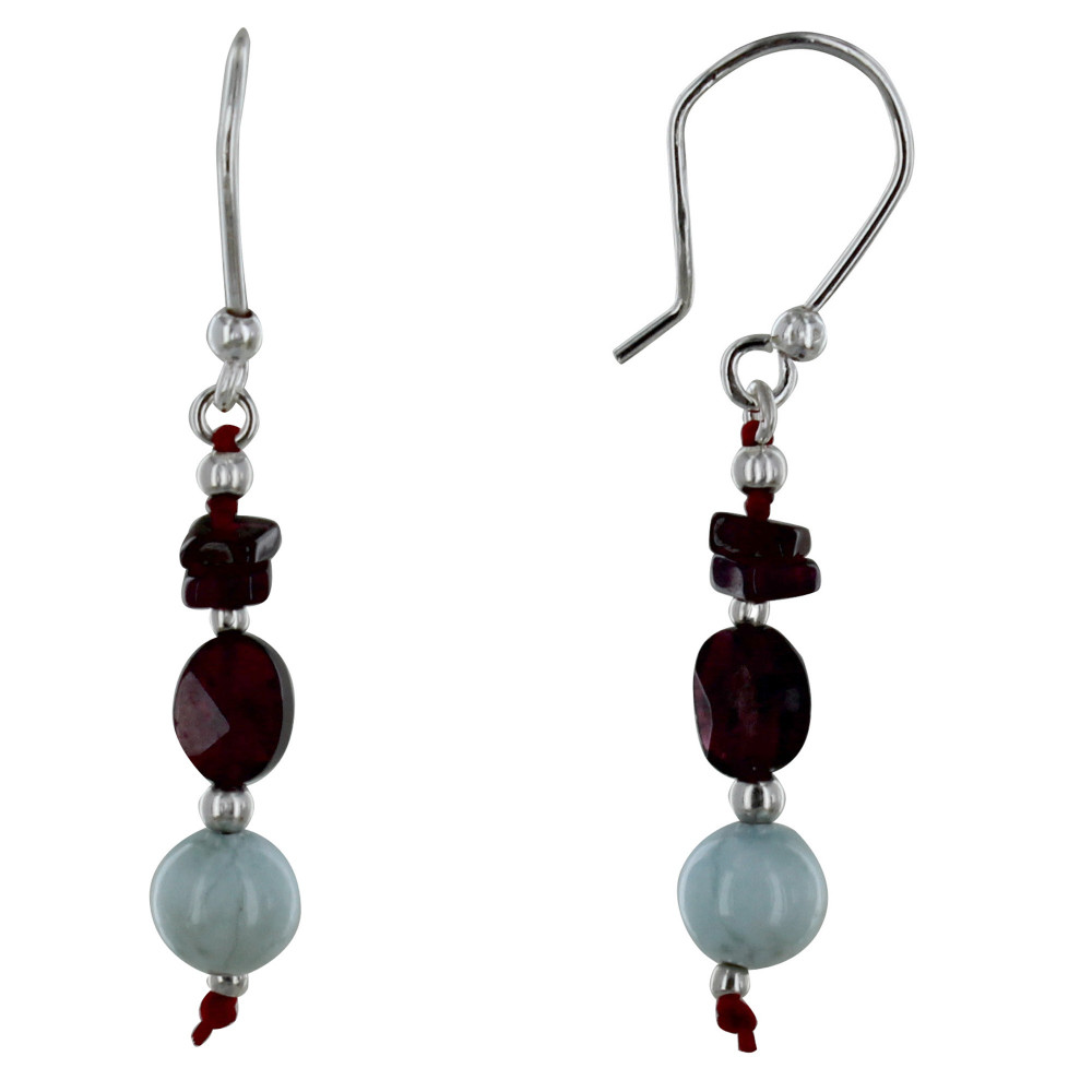 LES POULETTES BIJOUX Boucles d'Oreilles Argent Carré et Ovale de Grenat et Perles de