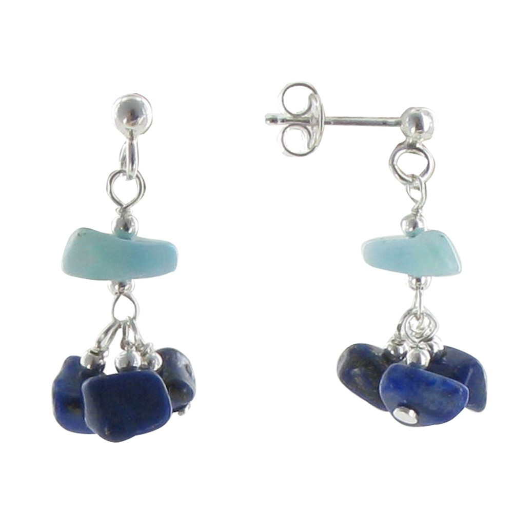 LES POULETTES BIJOUX - Boucles d'Oreilles Argent Clous Grappe de Lapis Lazuli et Lar