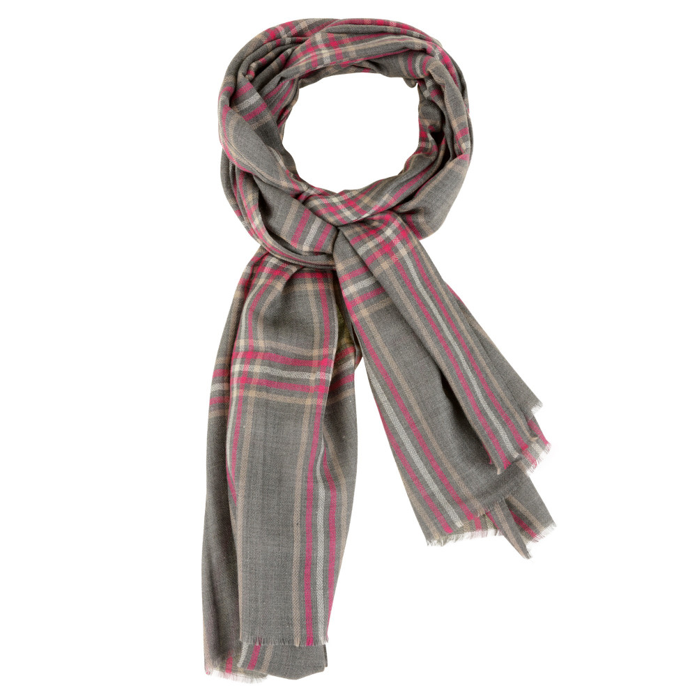 LES POULETTES BIJOUX V Echarpe 100% Cachemire Gris Ecossais Fuchsia