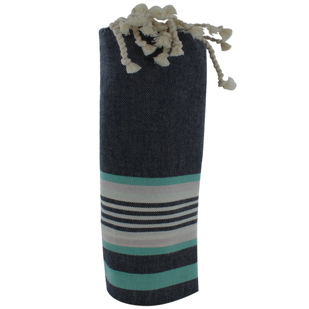 LES POULETTES BIJOUX Fouta Drap Plage et Hammam Coton Couleur Gris Rayé Turquoise et