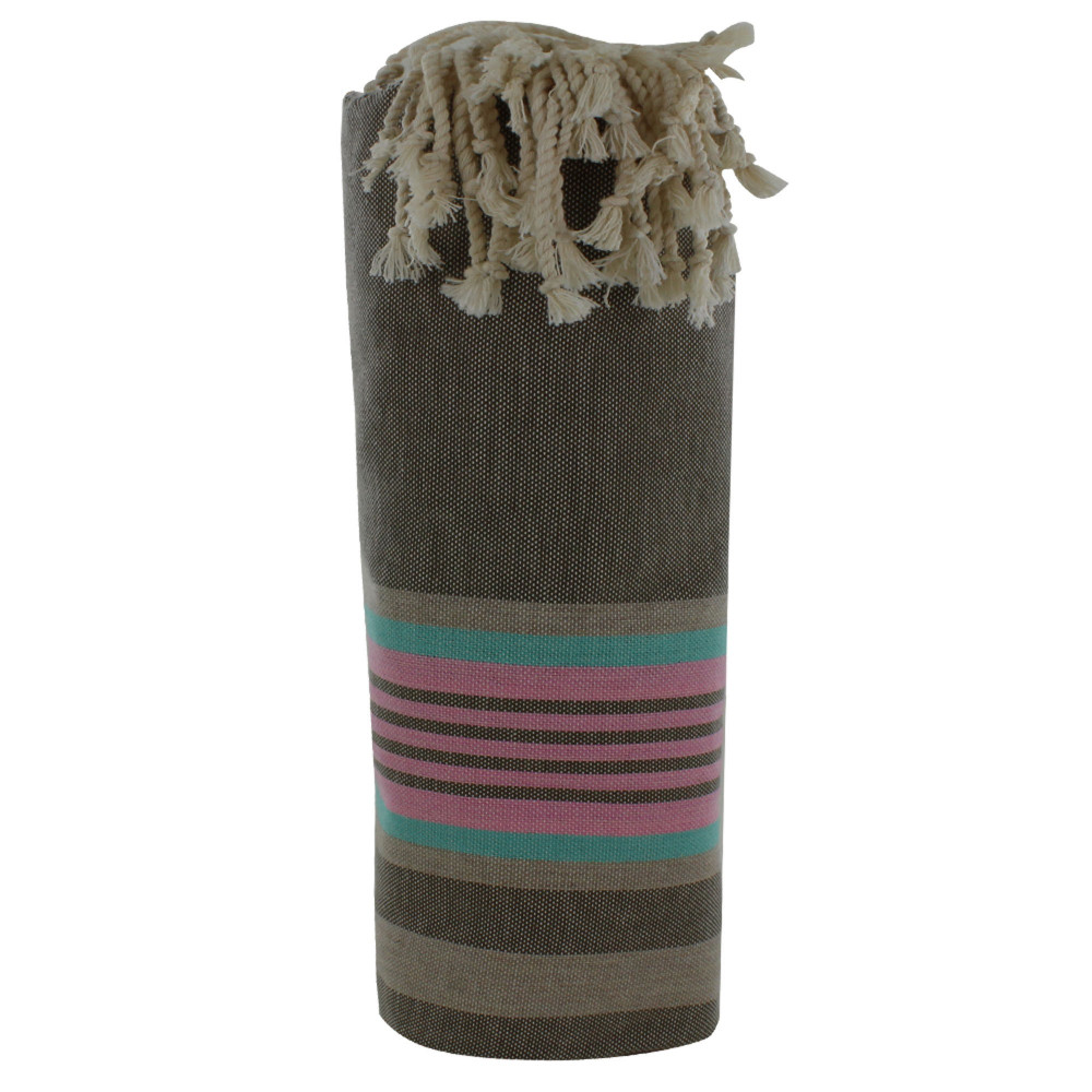 LES POULETTES BIJOUX V Fouta Drap Plage et Hammam Coton Couleur Marron Rayé Rose et