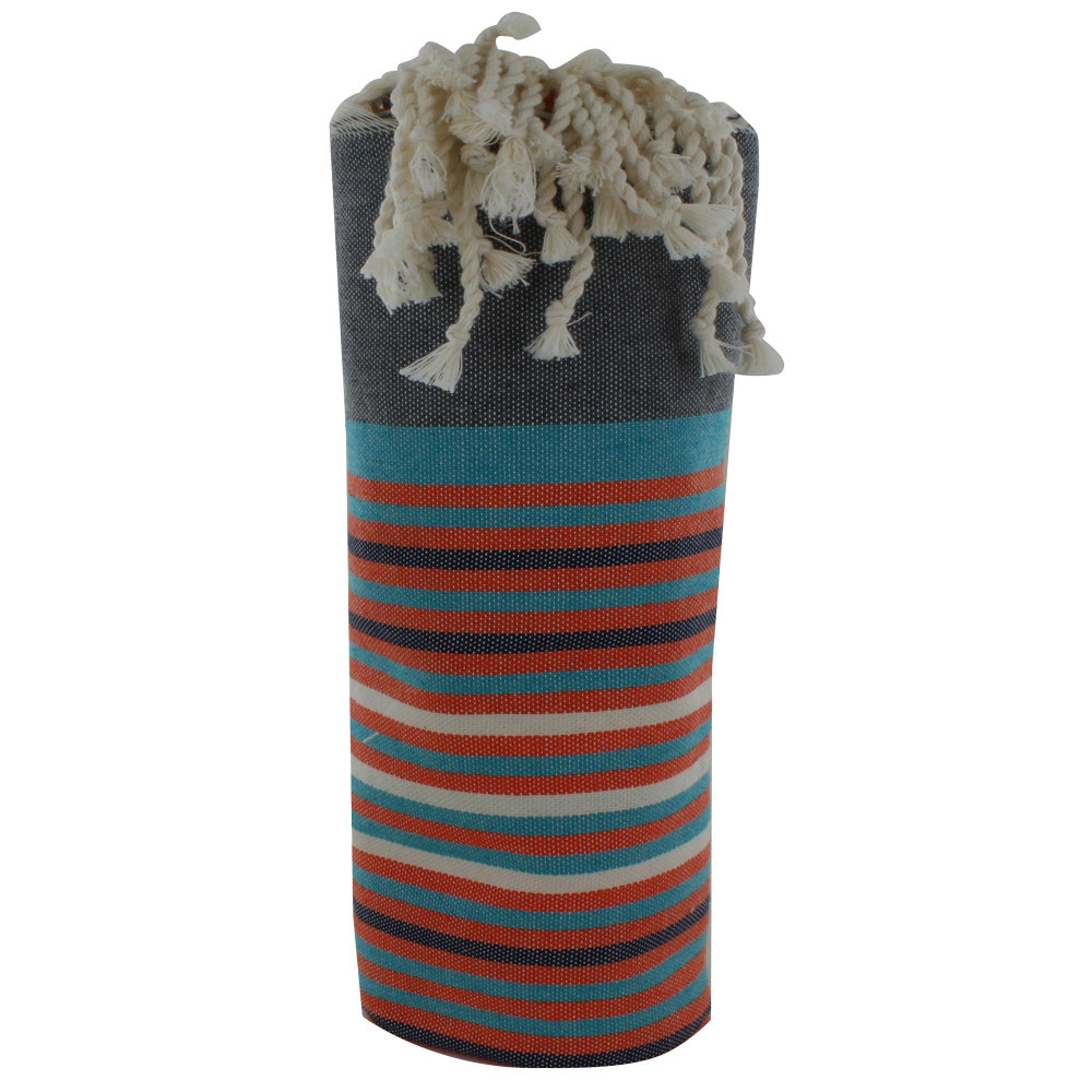 LES POULETTES BIJOUX - V Fouta Drap Plage et Hammam Coton Gris Rayé Turquoise Orange