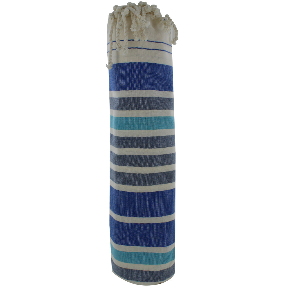 LES POULETTES BIJOUX - Fouta Drap Plage et Hammam Coton Blanc Rayé Bleu Grande Taill