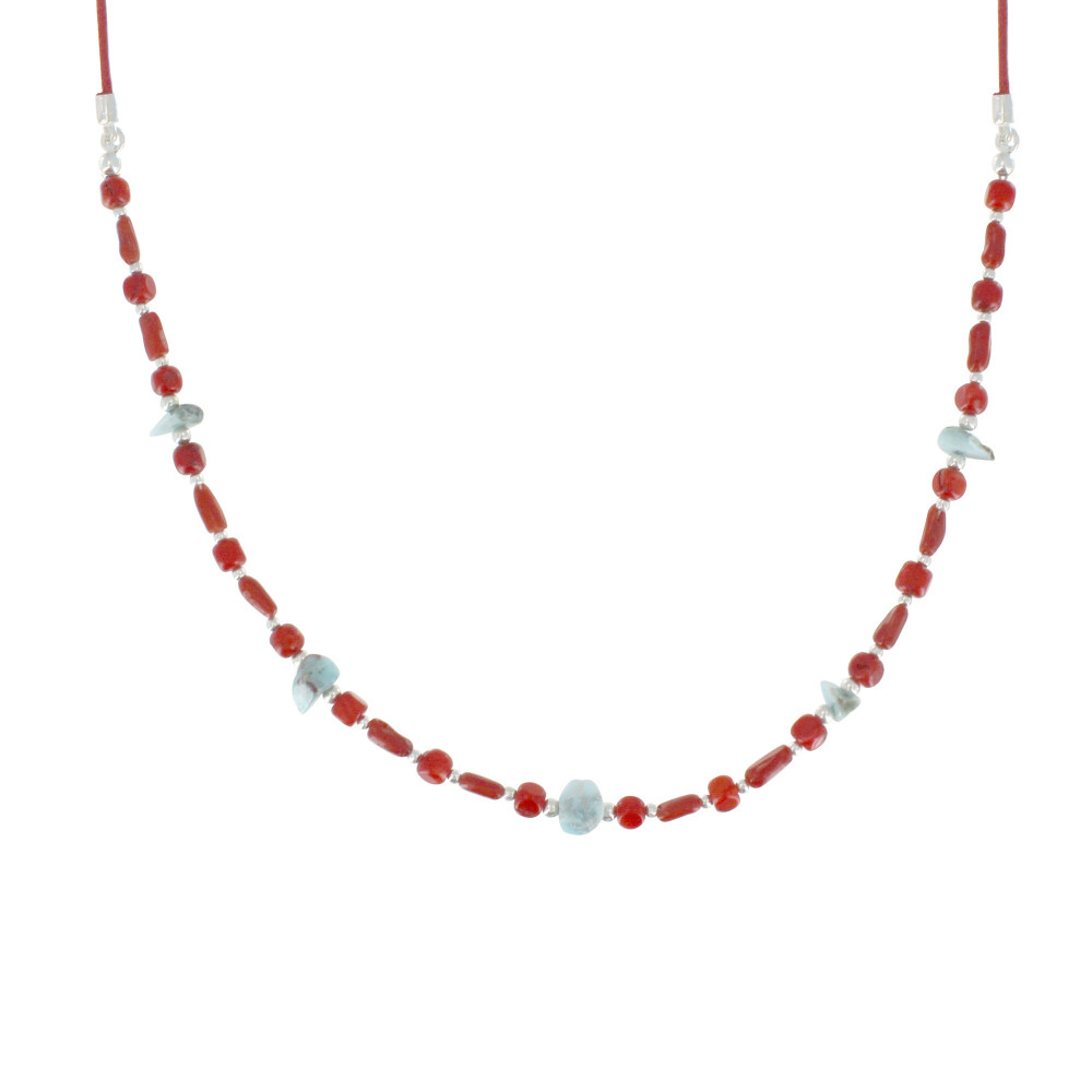 LES POULETTES BIJOUX Collier Cordon en Cuir Rouge Perles en Bambou Corail et Pépites