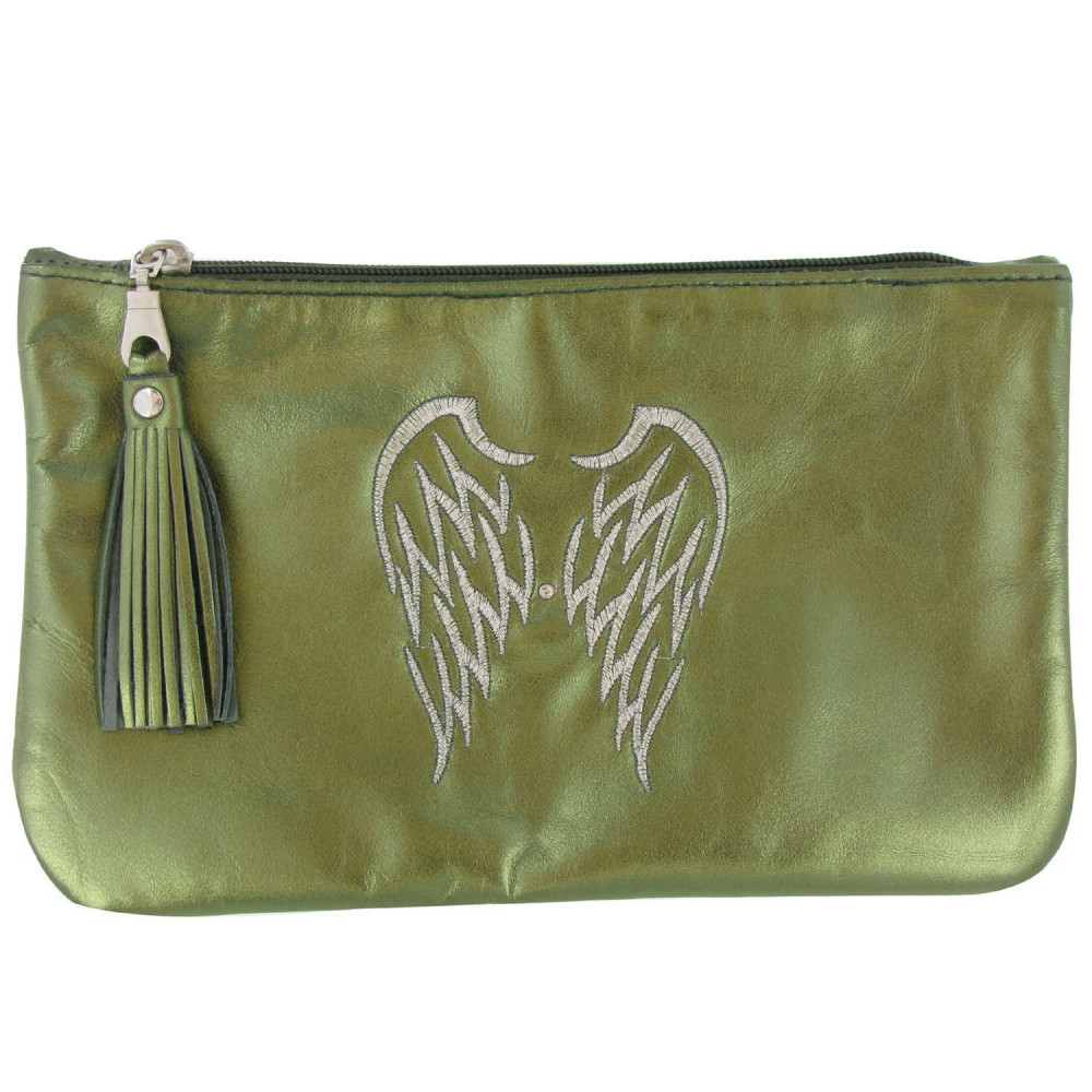 LES POULETTES BIJOUX - V Pochette Sac Cuir Brodé Deux Ailes d'Ange Couleur Vert