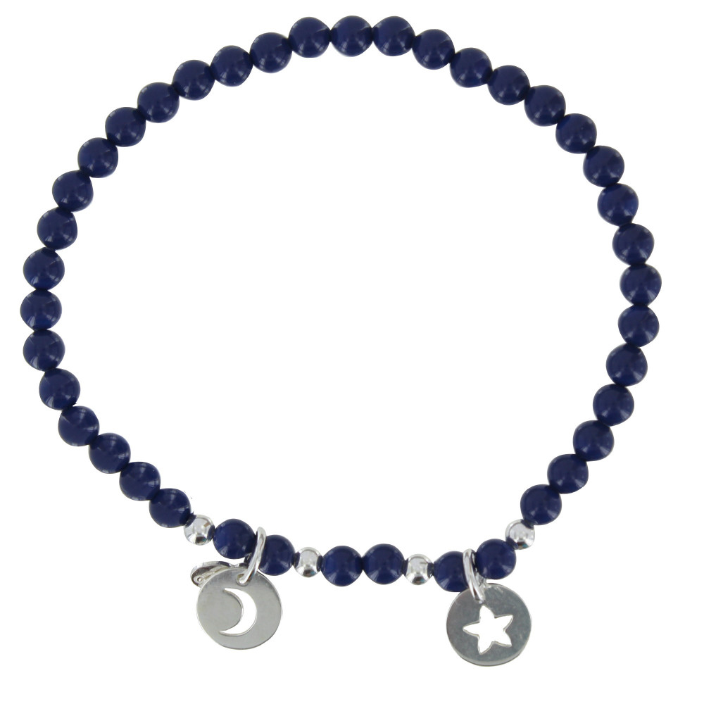 LES POULETTES BIJOUX Bracelet Elastique Etoile et Soleil Argent Billes Cristal Bleu