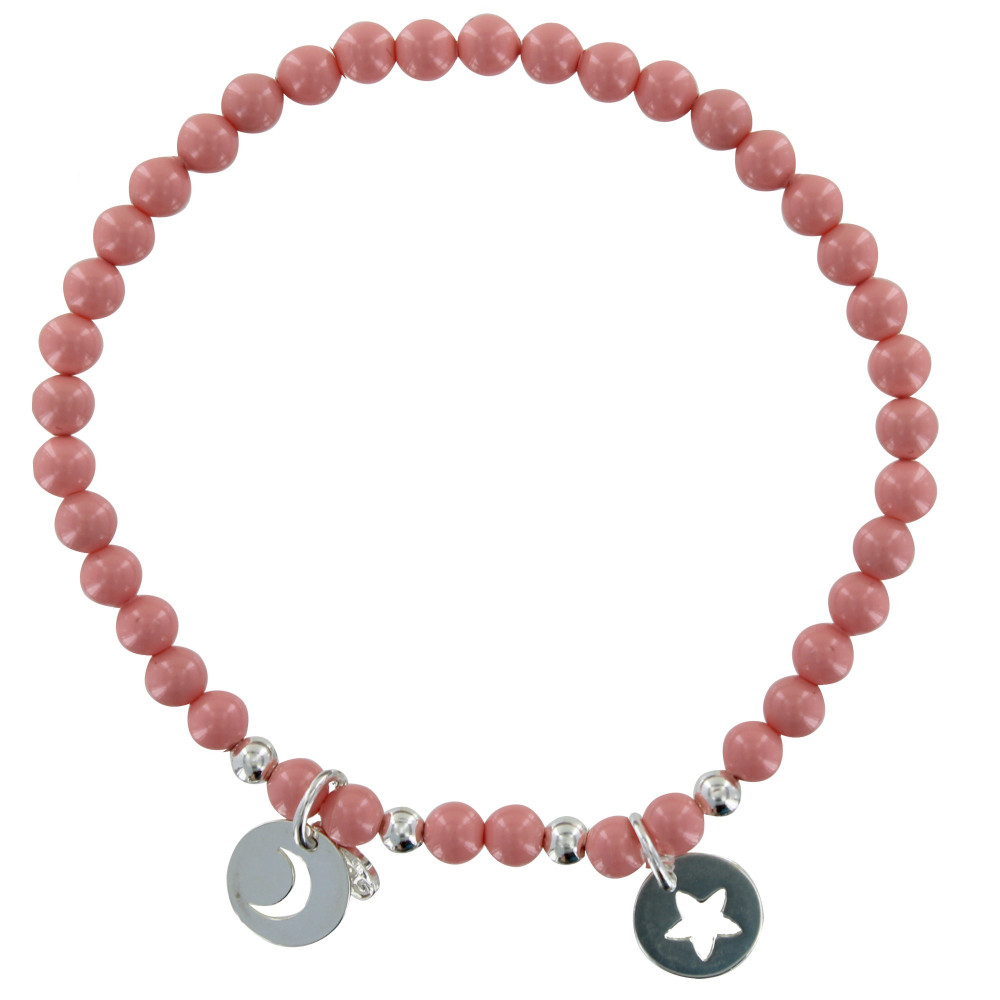 LES POULETTES BIJOUX V Bracelet Elastique Etoile et Soleil Argent Billes Cristal Rose