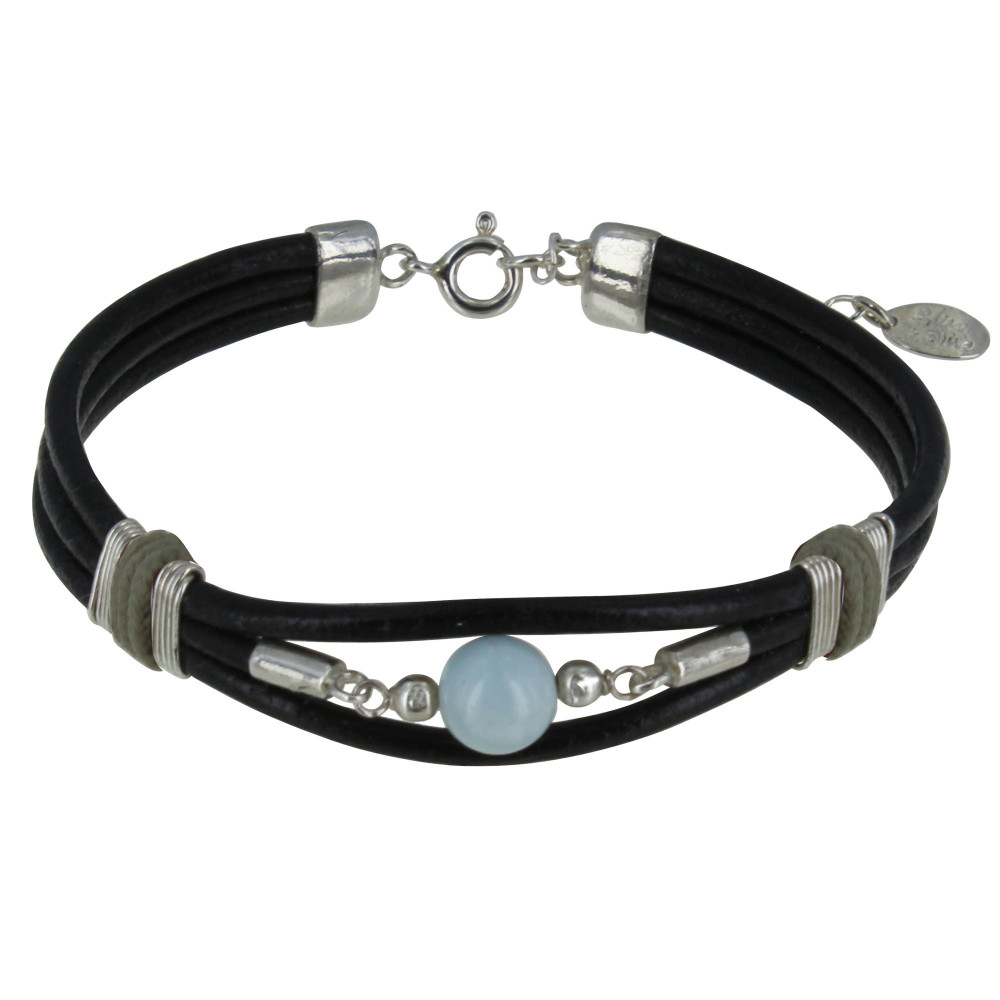 LES POULETTES BIJOUX V Bracelet Lien Cuir Noir Coton Beige et Perle de Larimar