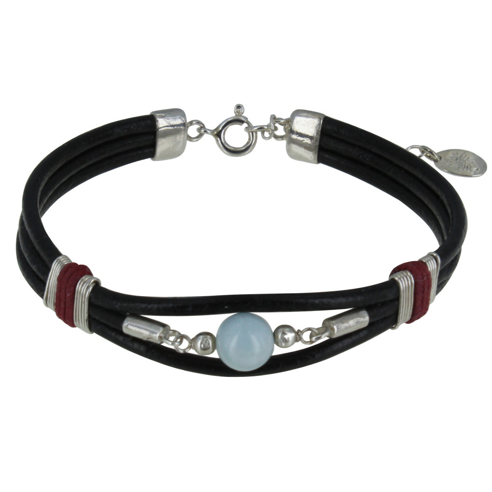 LES POULETTES BIJOUX Bracelet Lien Cuir Noir Coton Rouge et Perle de Larimar