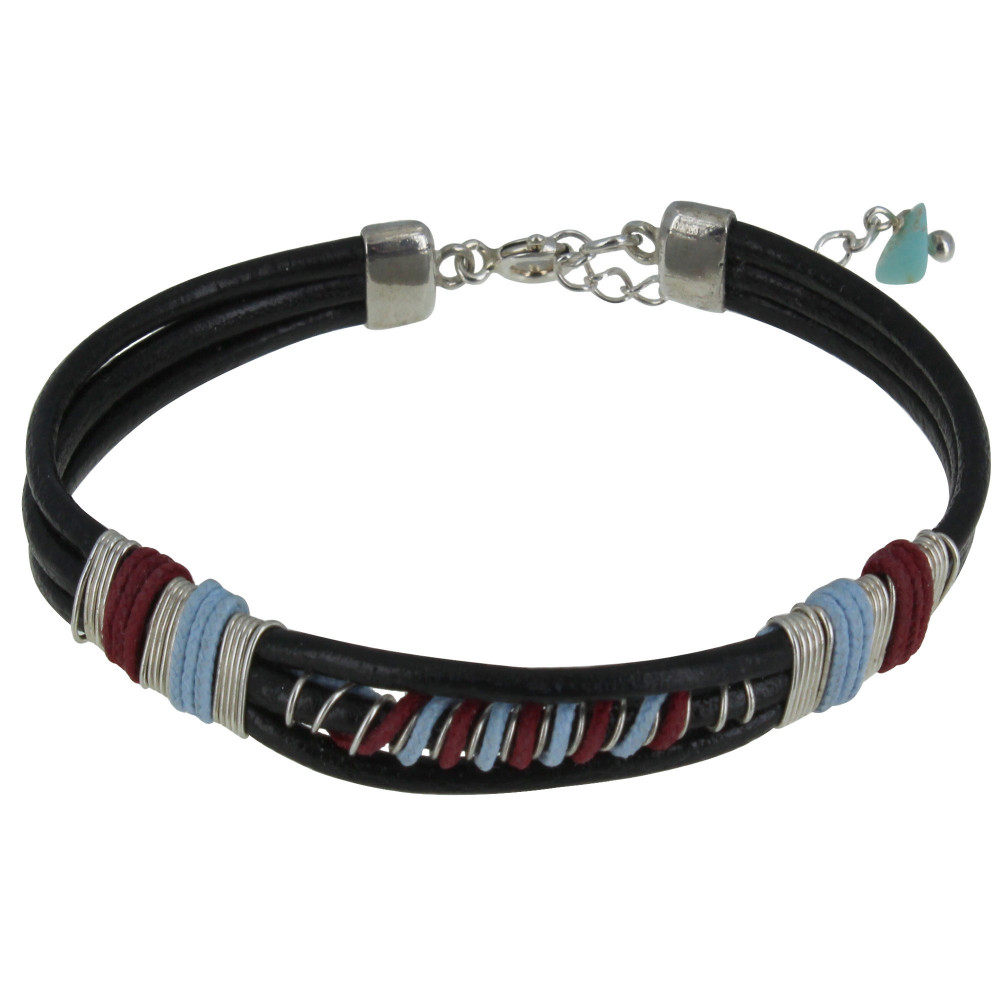 LES POULETTES BIJOUX Bracelet Lien Cuir Noir Coton Bleu Ciel et Rouge