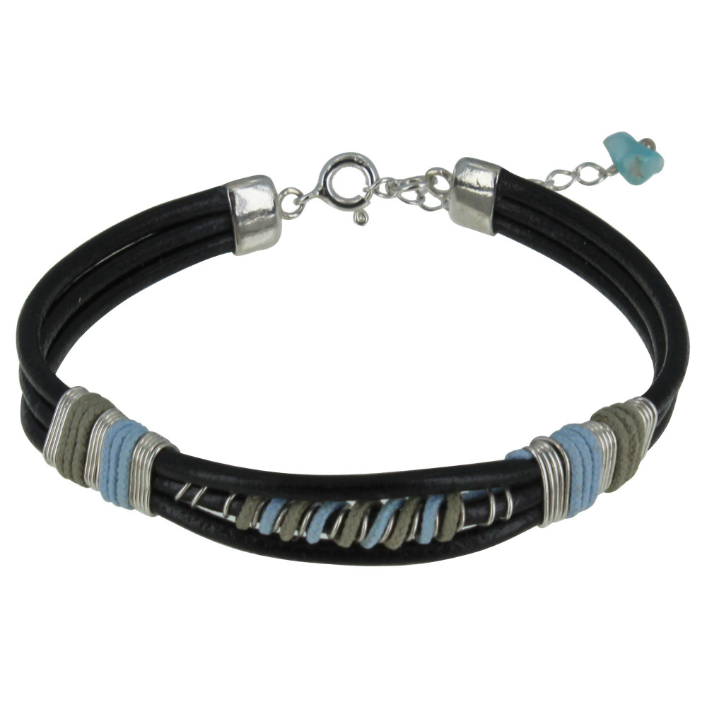 LES POULETTES BIJOUX Bracelet Lien Cuir Noir Coton Bleu Ciel et Beige