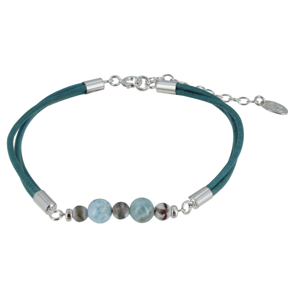 LES POULETTES BIJOUX V Bracelet Lien Cuir Turquoise Perles d'Agate et de Larimar