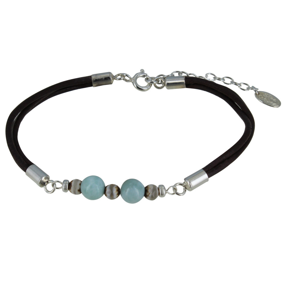 LES POULETTES BIJOUX Bracelet Lien Cuir Marron Foncé Perles d'Agate et de Larimar