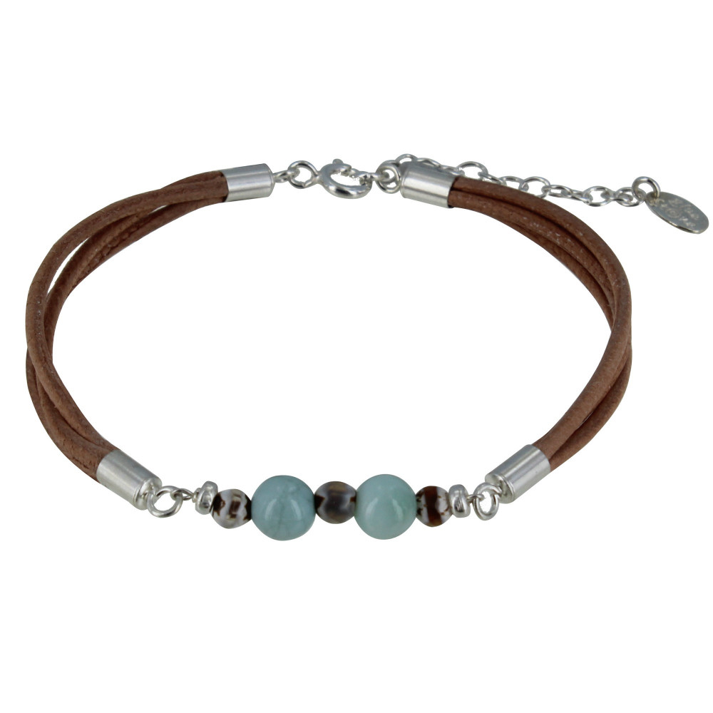 LES POULETTES BIJOUX V Bracelet Lien Cuir Marron Clair Perles d'Agate et de Larimar