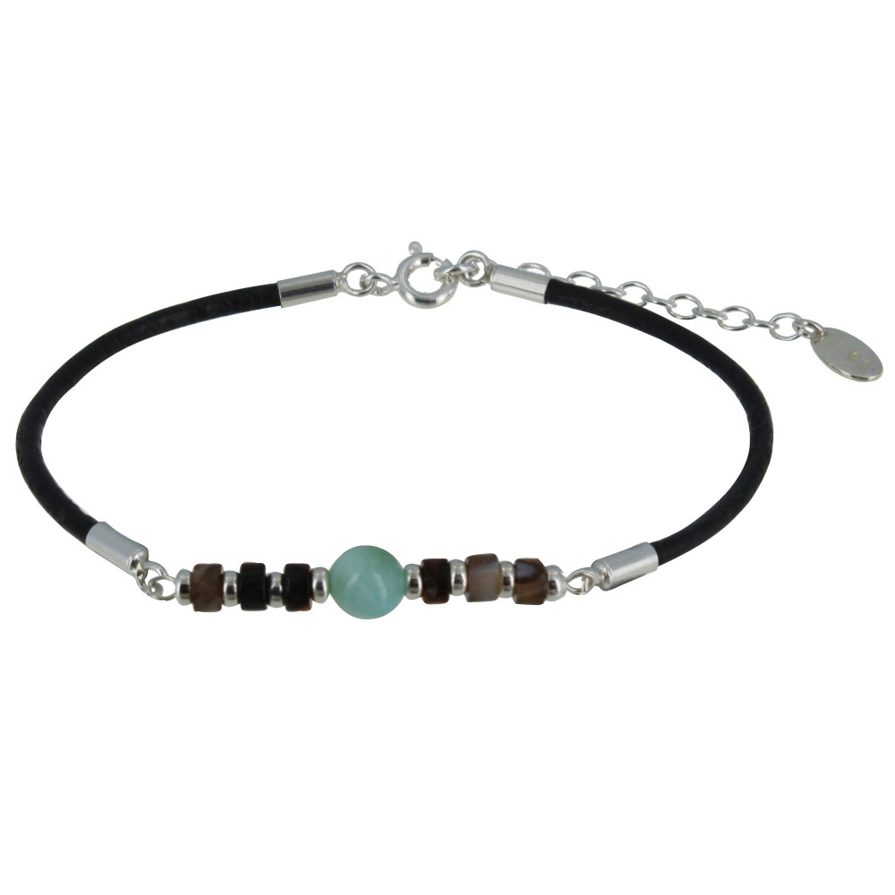 LES POULETTES BIJOUX Bracelet Lien Cuir Marron Foncé Cylindre d'Agate et Perle de La