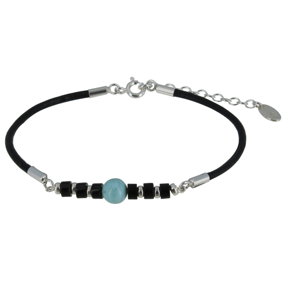 LES POULETTES BIJOUX Bracelet Lien Cuir Noir Cylindre d'Agate Noire et Perle de Lari