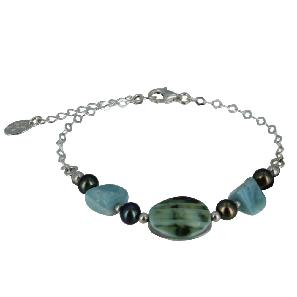 LES POULETTES BIJOUX Bracelet Chaine Argent Disque Nacre Verte et Pépites de Larimar