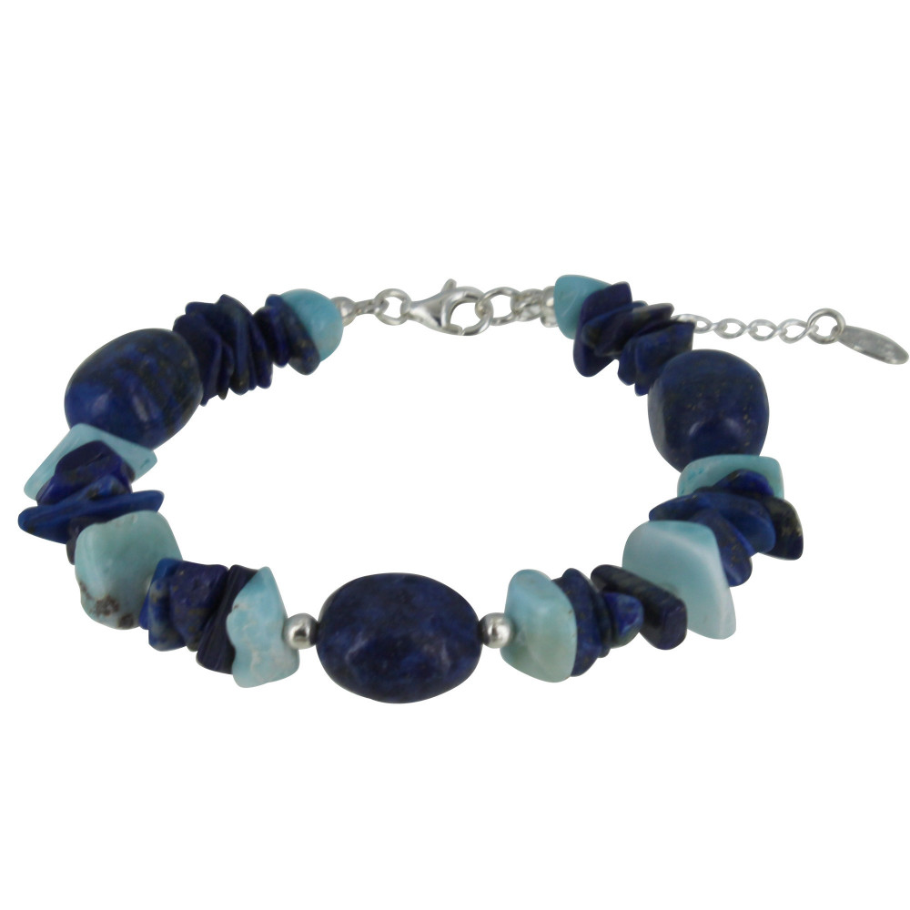 LES POULETTES BIJOUX Bracelet Argent Galets de Lapis Lazuli et Pépites de Larimar