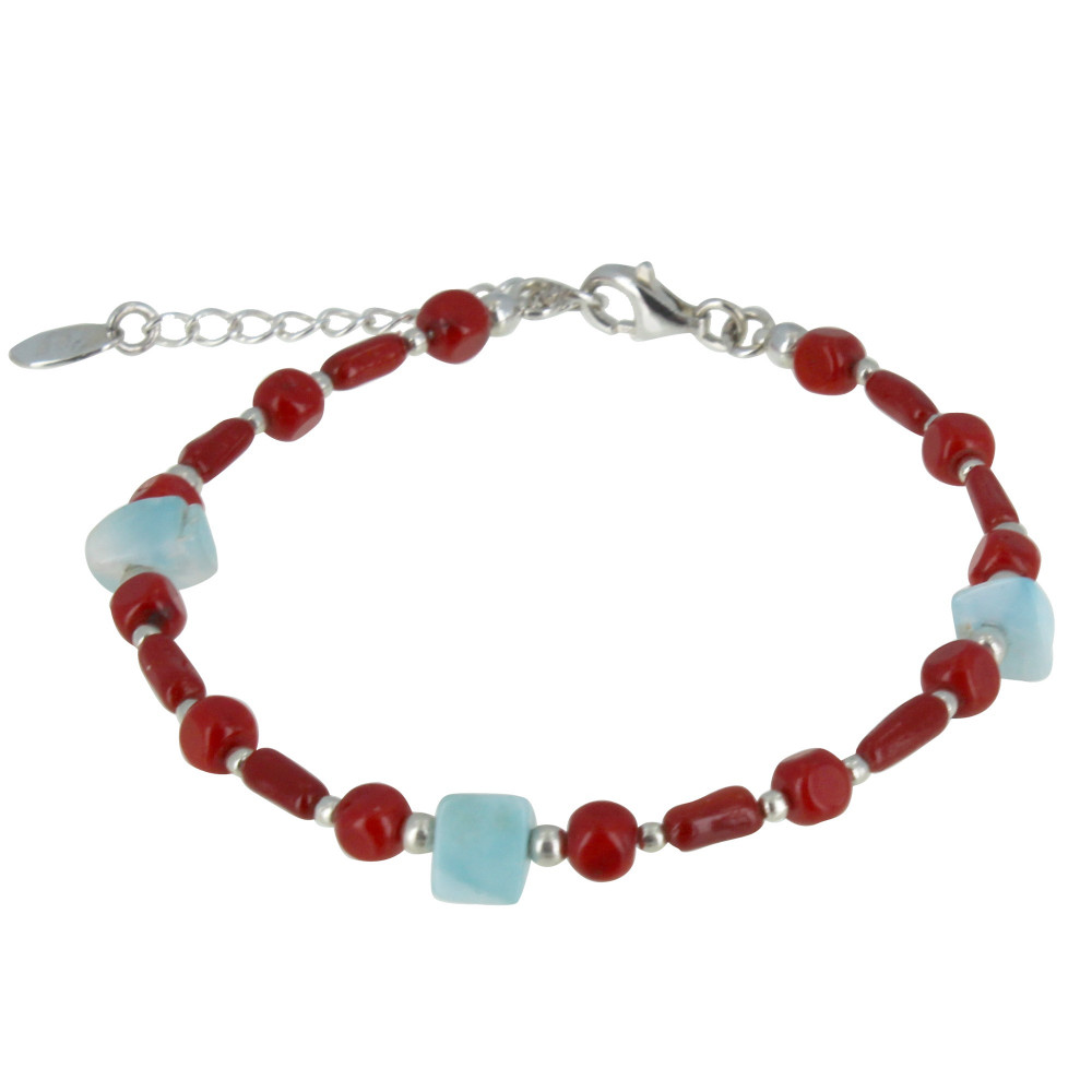 LES POULETTES BIJOUX Bracelet Argent Perles en Bambou Corail et Pépites de Larimar