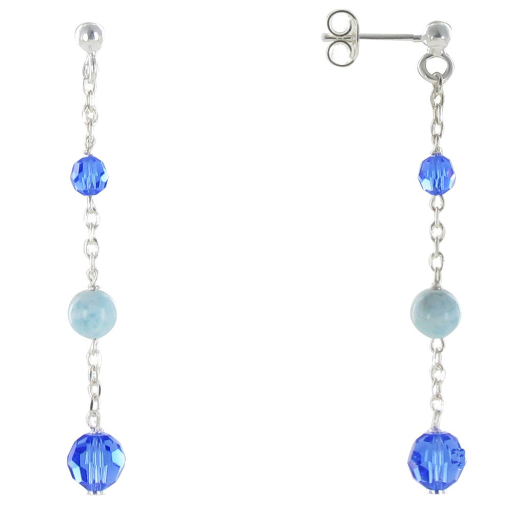 LES POULETTES BIJOUX - Boucles d'Oreilles Argent 2 Perles de Cristal Bleu et Perle d