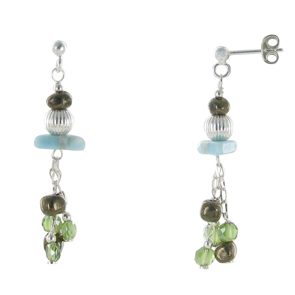 LES POULETTES BIJOUX Boucles d'Oreilles Argent Grappe de Larimar, Pyrite et Bohème V