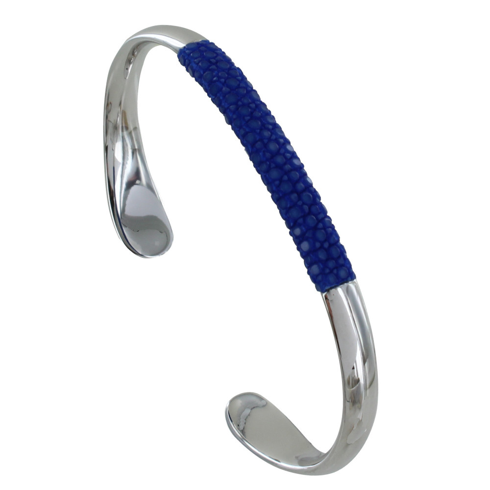 LES POULETTES BIJOUX Bracelet Mixte Demi Jonc Laiton Rhodié et Cuir - Azur
