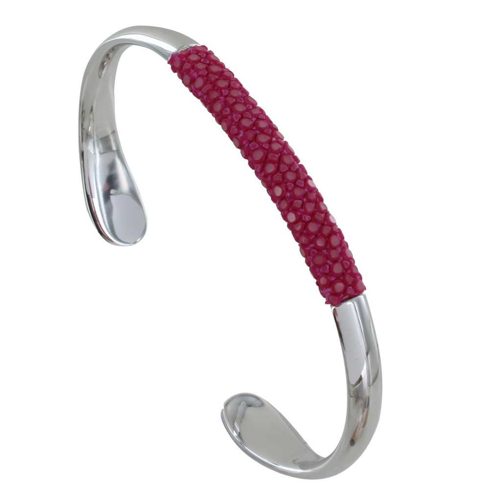 LES POULETTES BIJOUX Bracelet Mixte Demi Jonc Laiton Rhodié et Cuir - Fuchsia