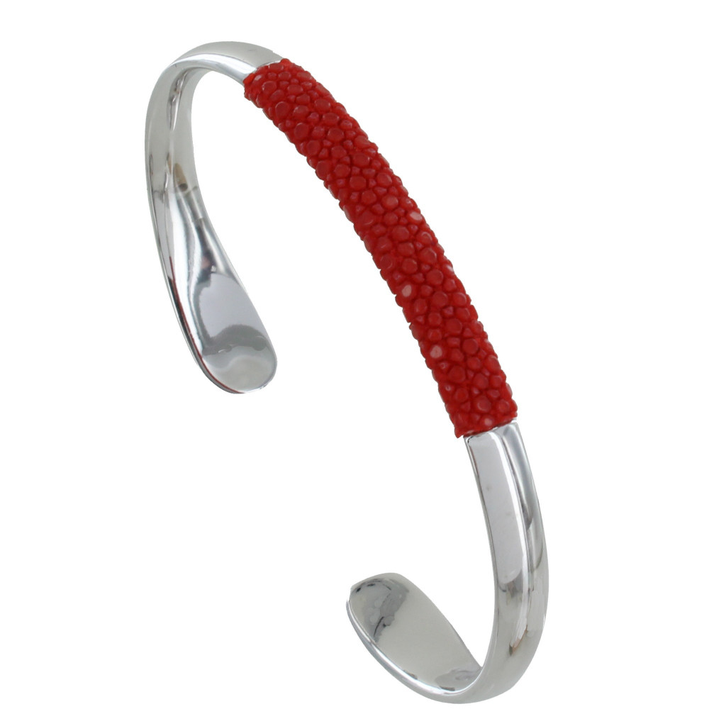 LES POULETTES BIJOUX Bracelet Mixte Demi Jonc Laiton Rhodié et Cuir - Rouge Profond