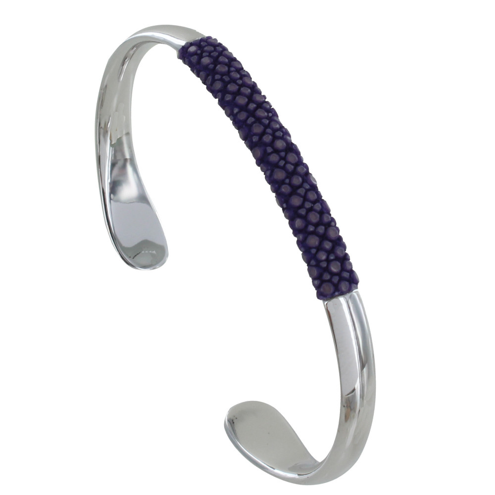 LES POULETTES BIJOUX Bracelet Mixte Demi Jonc Laiton Rhodié et Cuir - Violet