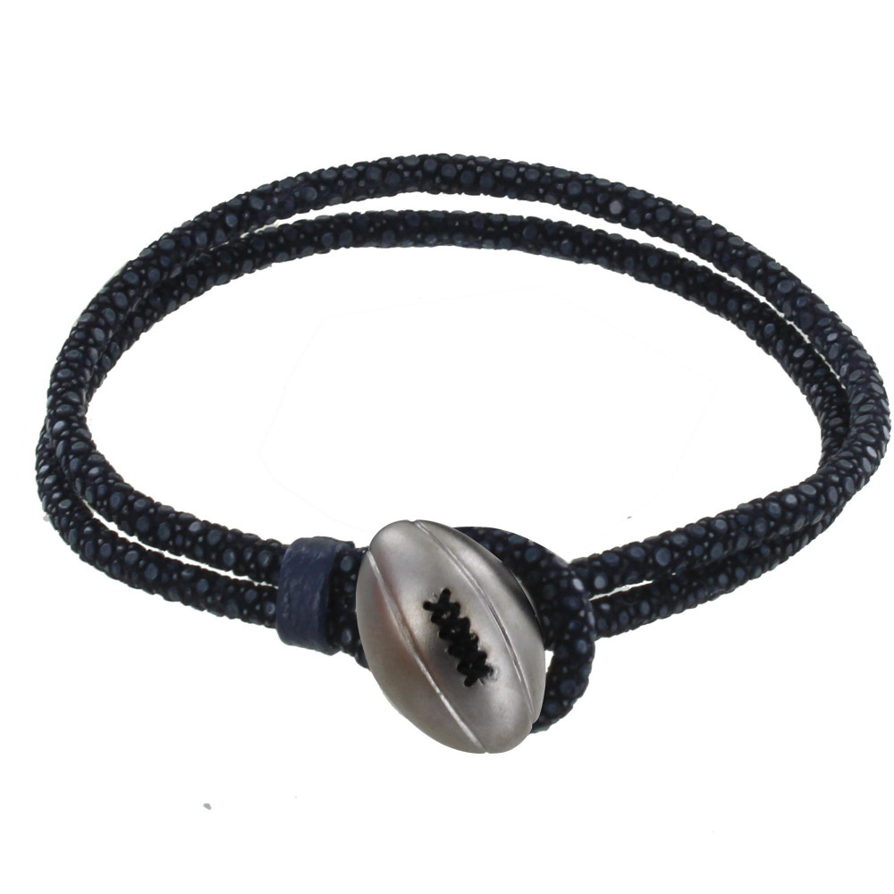 LES POULETTES BIJOUX V Bracelet Homme Cuir et Ballon de Rugby - Bleu Navy