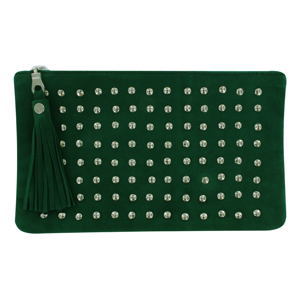 LES POULETTES BIJOUX - AN Pochette Sac Daim Clouté Couleur Vert Sapin