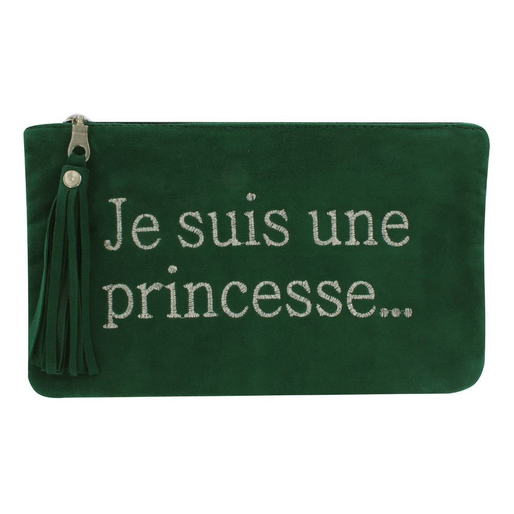 LES POULETTES BIJOUX - Pochette Sac Daim Brodé Je suis une Princesse Couleur Vert Sa