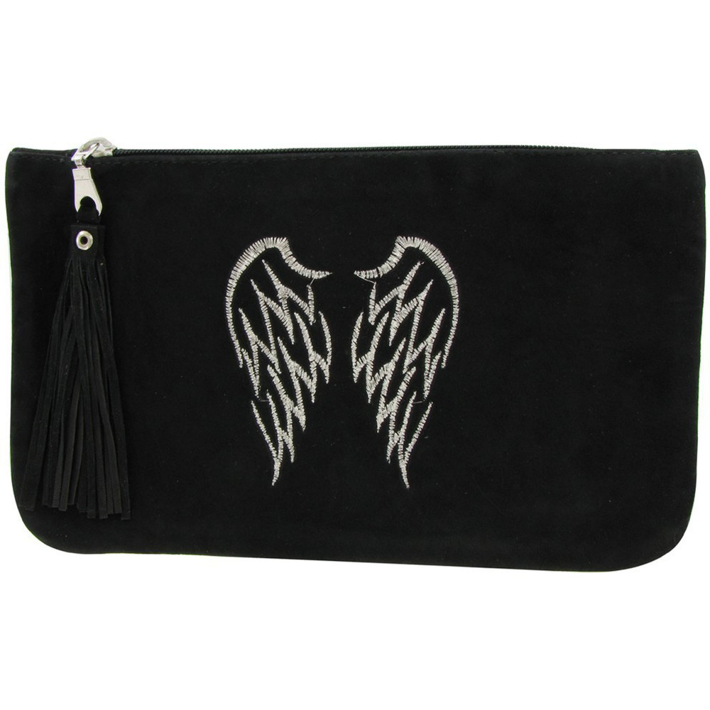 LES POULETTES BIJOUX - Pochette Sac Daim Brodé Deux Ailes d'Ange Couleur Noir