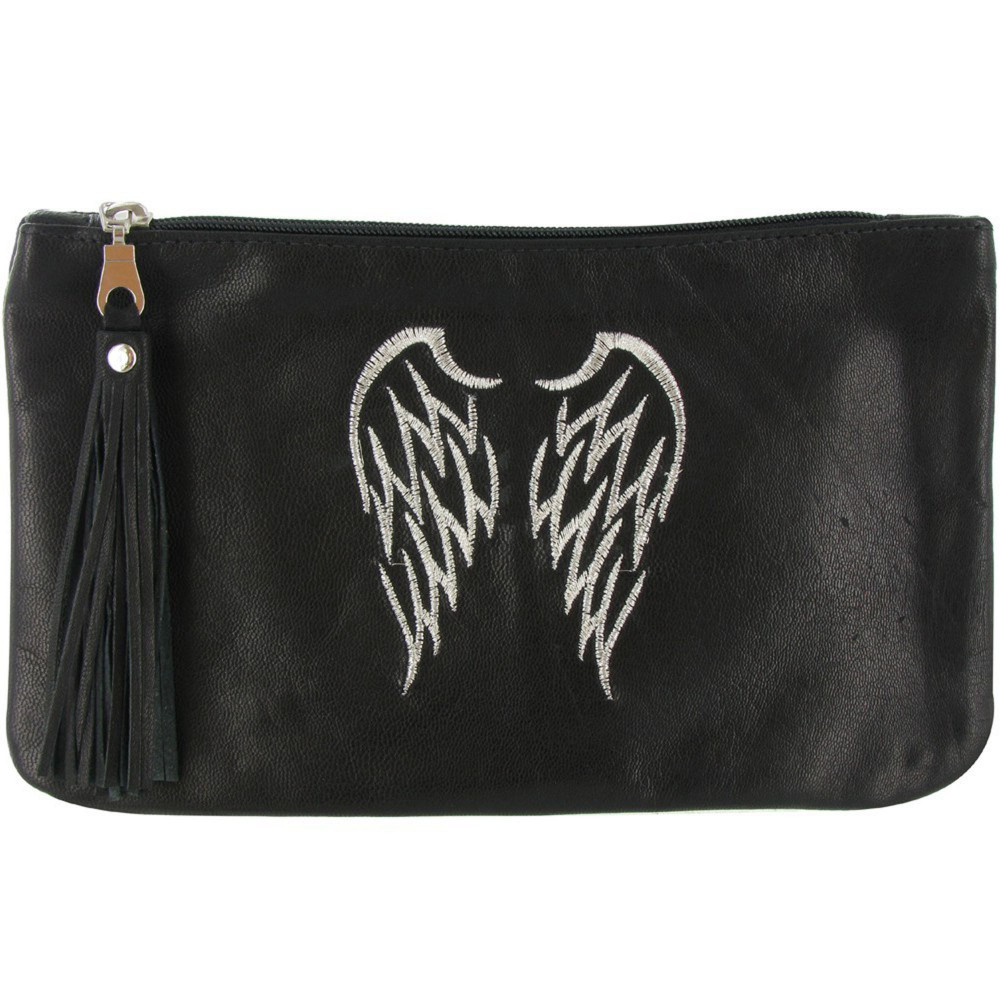 LES POULETTES BIJOUX - Pochette Sac Cuir Brodé Deux Ailes d'Ange Couleur Noir