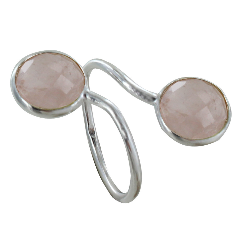 LES POULETTES BIJOUX - Bague Argent Toi et Moi Quartz Rose Facetté Ronde - taille 52