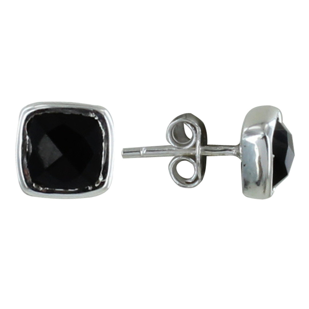 LES POULETTES BIJOUX Boucle d'Oreilles Argent Clous Carré Facetté d'Onyx Noir