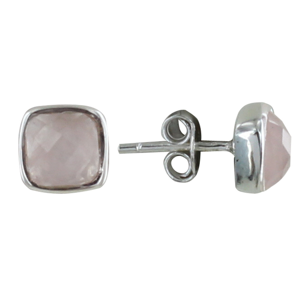LES POULETTES BIJOUX Boucle d'Oreilles Argent Clous Carré Facetté de Quartz Rose