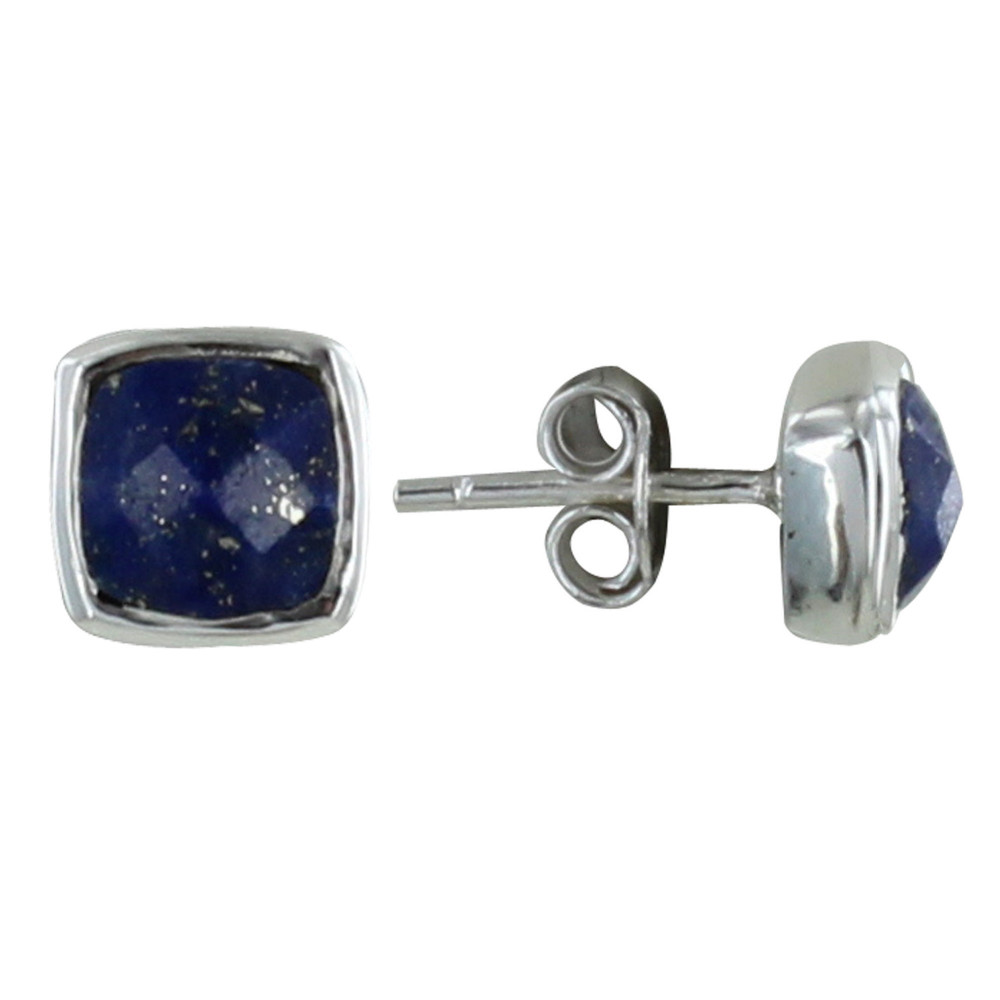 LES POULETTES BIJOUX Boucle d'Oreilles Argent Clous Carré Facetté de Lapis Lazuli
