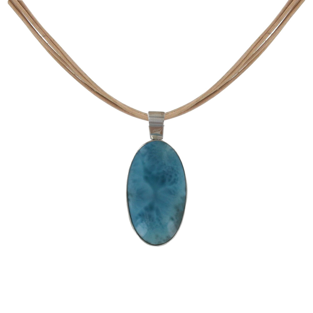 LES POULETTES BIJOUX Collier 6 Fils de Cuir Marron Clair et Pendentif Oval de Larimar