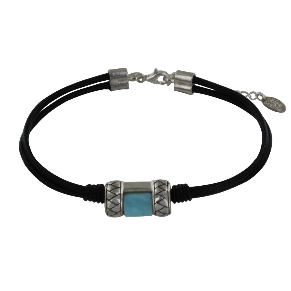 LES POULETTES BIJOUX Bracelet Cuir Noir Rectangle en Argent et Larimar