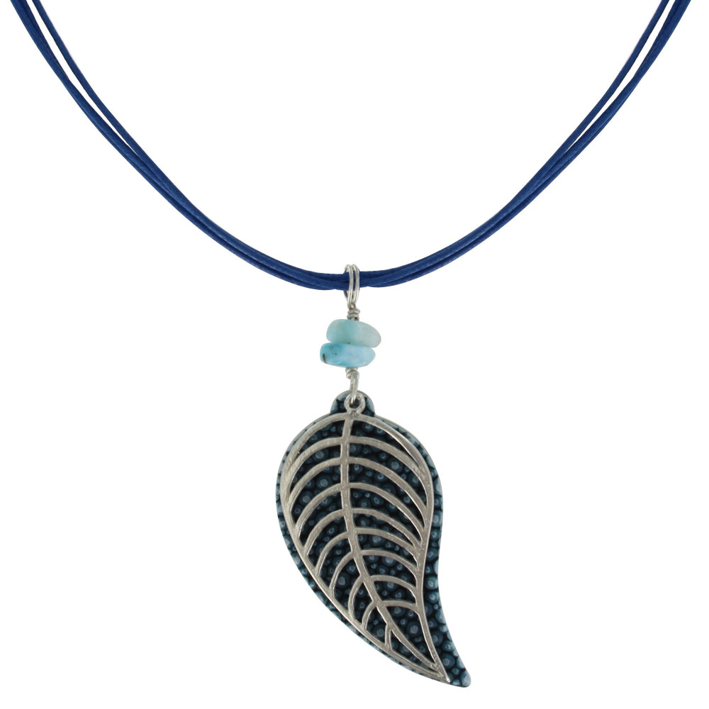 LES POULETTES BIJOUX Collier Cordon en Cuir Feuilles de Cuir et Argent 925 Pépites d